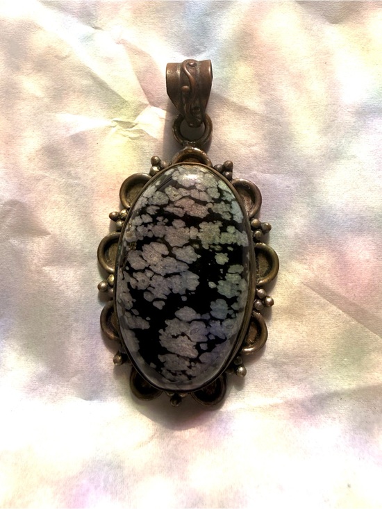 Jewelry - Snowflake Obsidian Oval Pendant Large In Ornate Setting